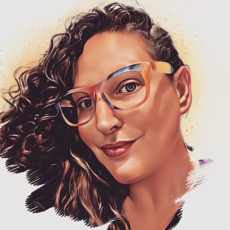 Illustration of Heather Lawver with glasses and brown hair in front of beige and brown background