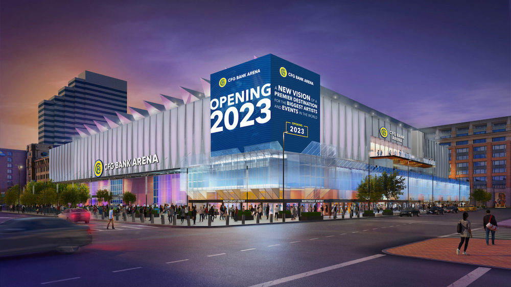 Rendering of CFG Bank Arena with purplish fixtures and navy cube sign with white text against purple sky