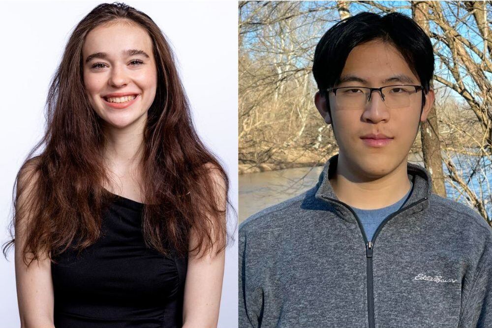 Headshots of Emily Ocasio in black blouse with brown hair against white background; and Ethan Zhou in grey sweater in front of brown and green trees and blue sky