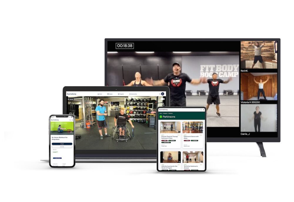 Monitors with images of people exercising in multicolored clothing