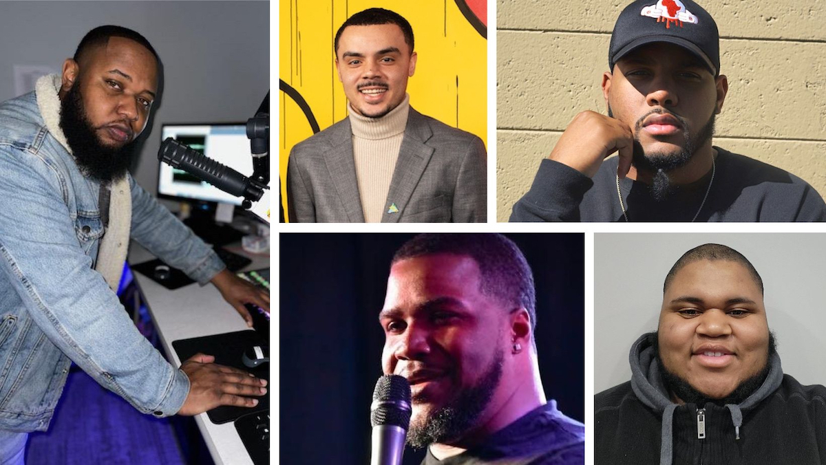A collage of five men. The man on the top left is operating sound equipment, the next man wears a suit and turtleneck, the third man wears a cap, the fourth man holds a microphone, and the last man smiles.