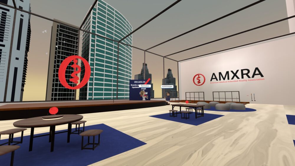 A modern virtual office space featuring branding for AMXRA, with large windows showing skyscrapers, round tables with stools, and a conference area with a podium and display screen.