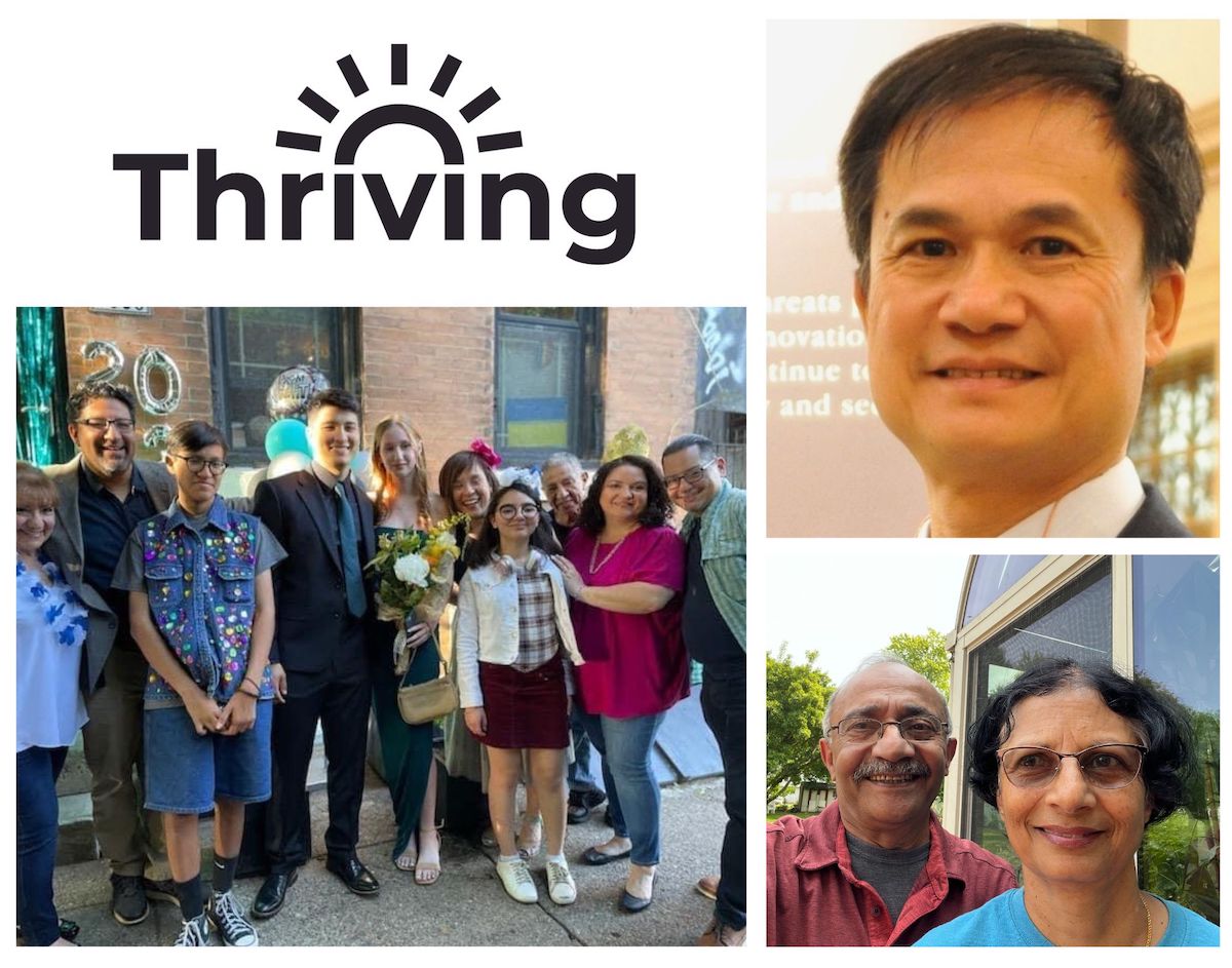 A collage of happy moments: a group celebrating an occasion outdoors, a logo with the word "thriving," and two individual portraits of smiling people.