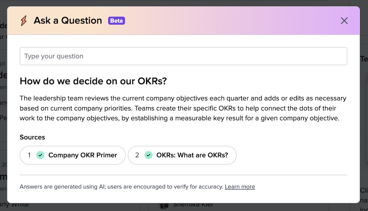 A user interface of a q&a platform with an open dialog box displaying a question about setting okrs (objectives and key results).