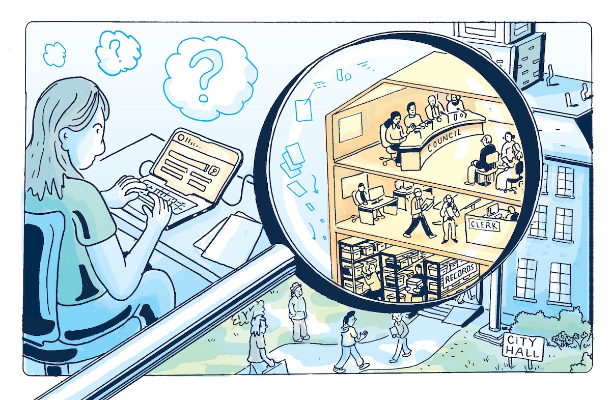 A woman examines a magnified, detailed cross-section of a city hall's interior operations while people go about their day outside.