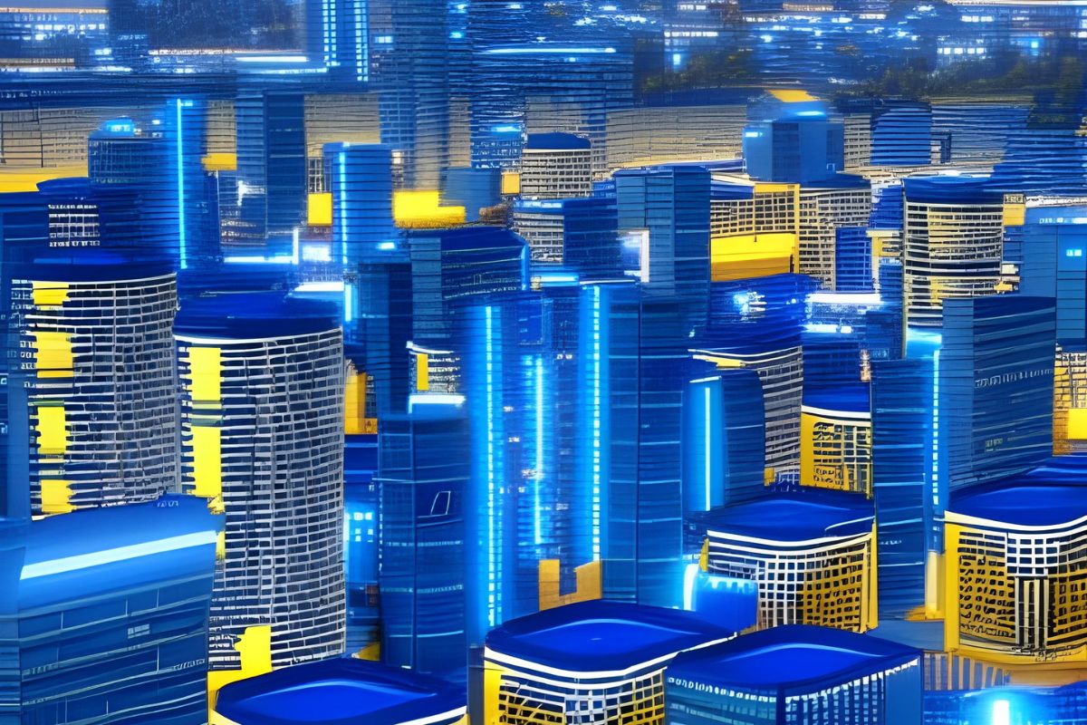 Futuristic cityscape illuminated with neon blue and yellow lights at night.
