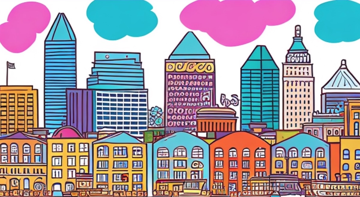 Illustrated Baltimore skyline in light blue, pink and orange