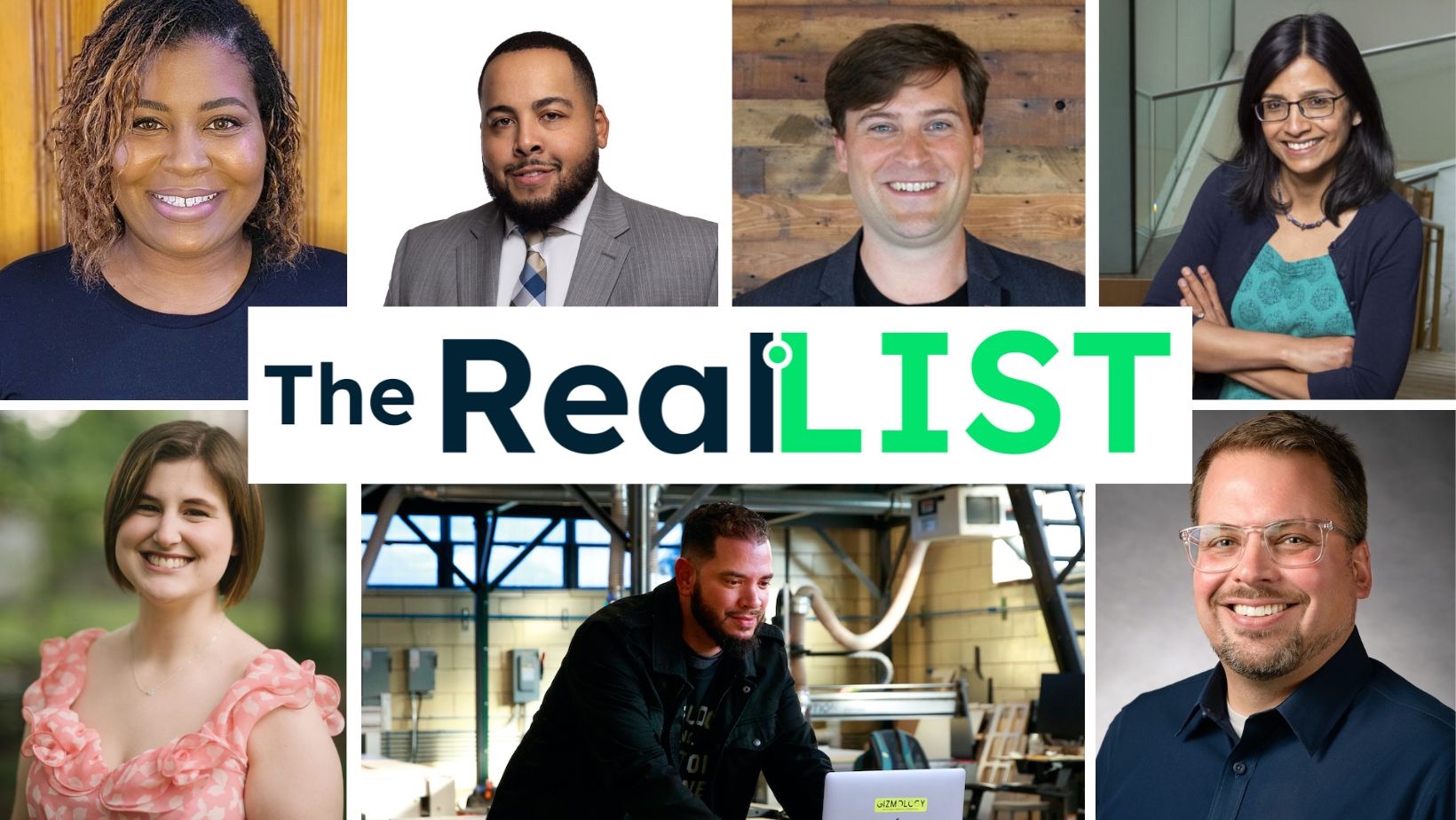 An arrangement of headshots with the words "The RealLIST" at center.