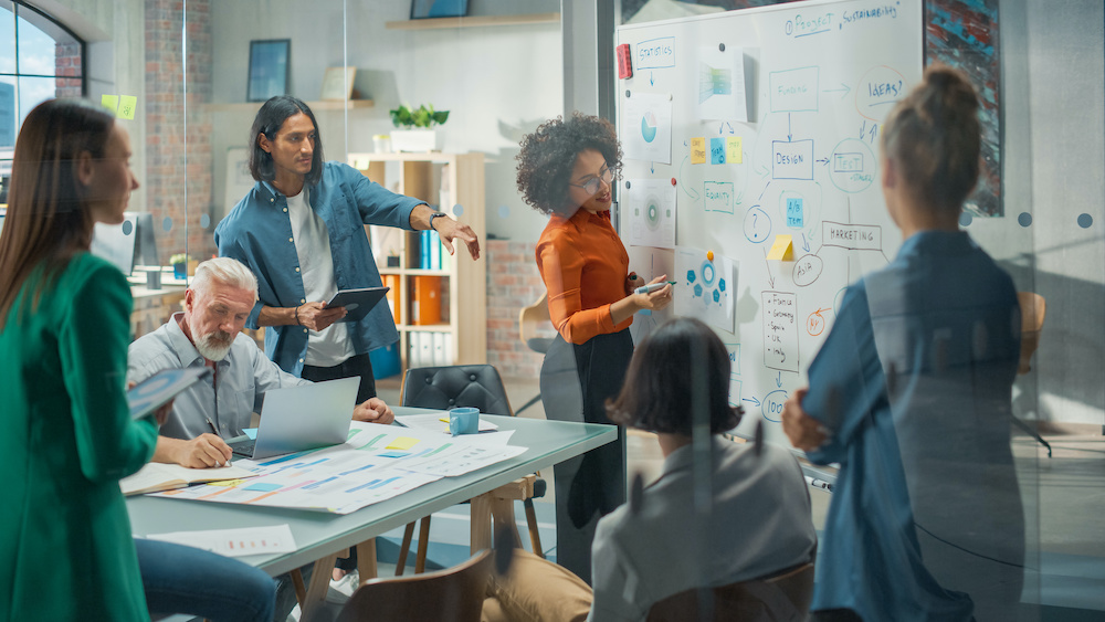 Photo of a startup team meeting in a conference room with a whiteboard.