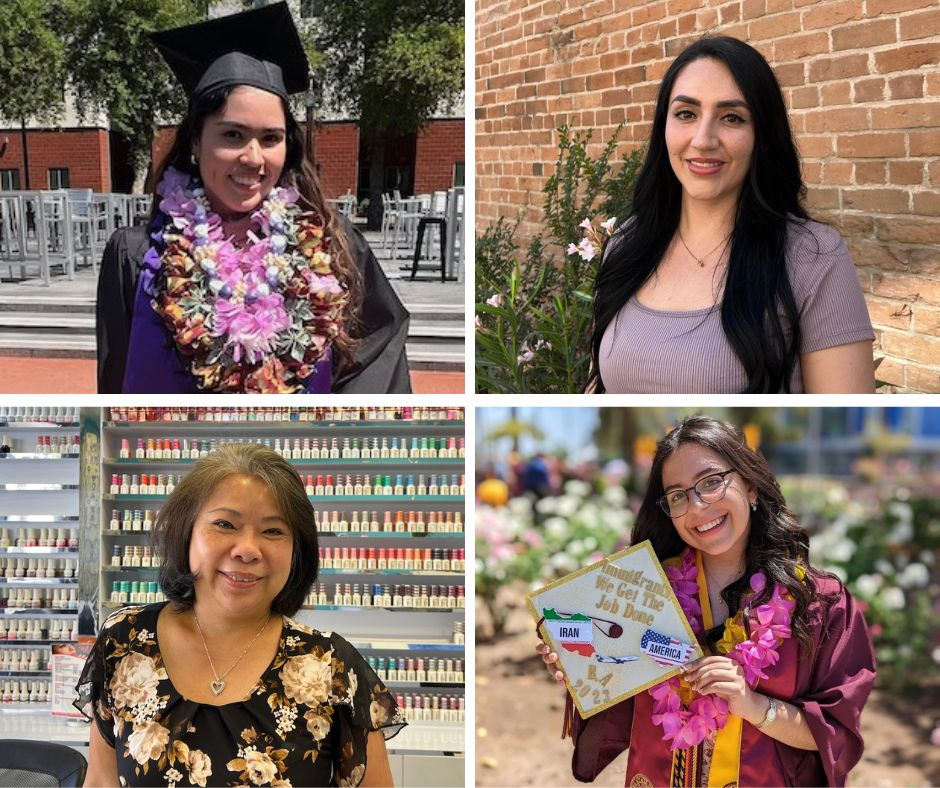 A collage of women, some wearing graduation gowns or standing inside their business.