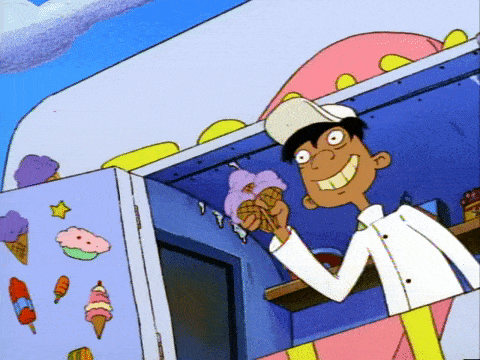 Animated gif of the ice cream man from Hey Arnold tossing cones from his truck.