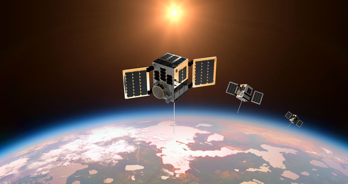 A rendering of a satellite in orbit above the Earth.