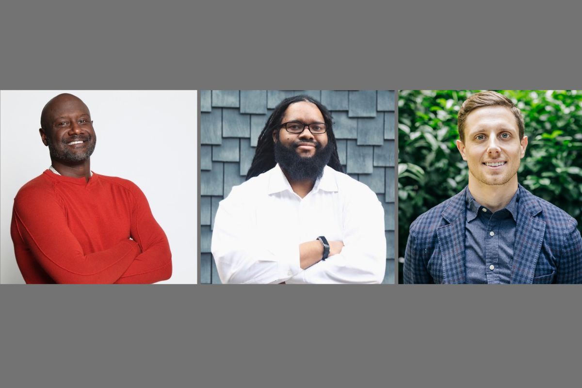 Luke Cooper, McKeever Conwell II and Andy Will in multicolored clothing before grey background