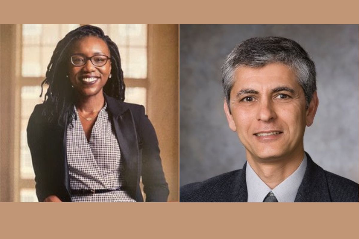Two pictures of a man and a woman in business attire.