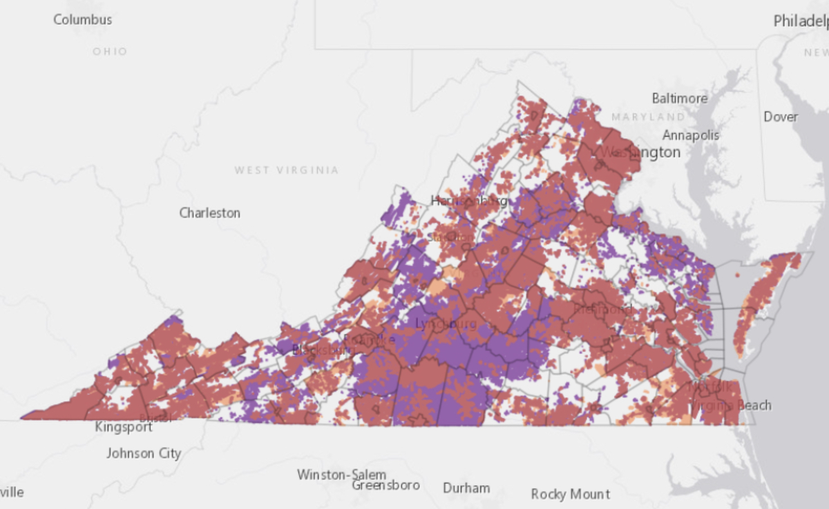 A map of virginia with purple and red areas.