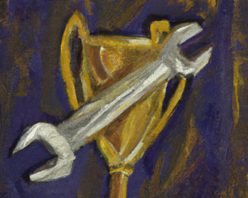 A painting of a gold cup and a wrench.