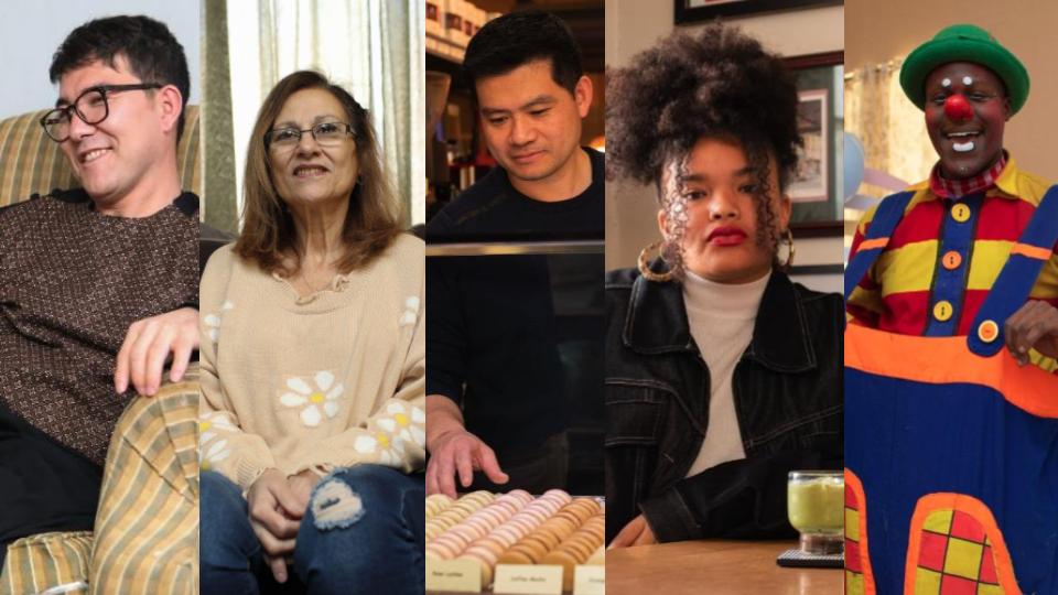 A collage of people sitting on a couch.