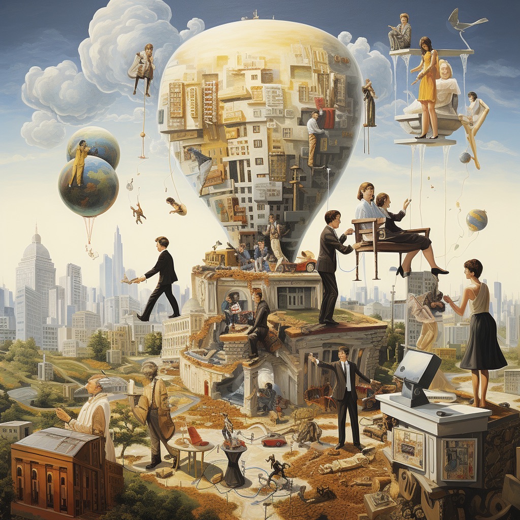 A painting of people on a hot air balloon.