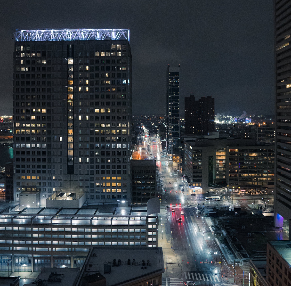 An aerial view of a city at night.