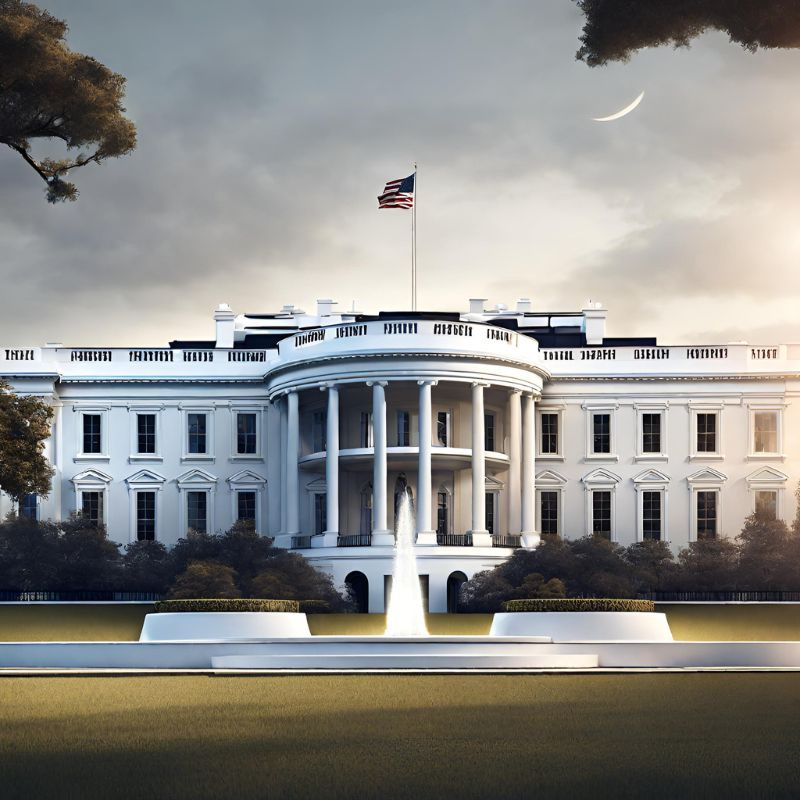 An AI-generated, futuristic rendering of the US White House with a flag in front of it.