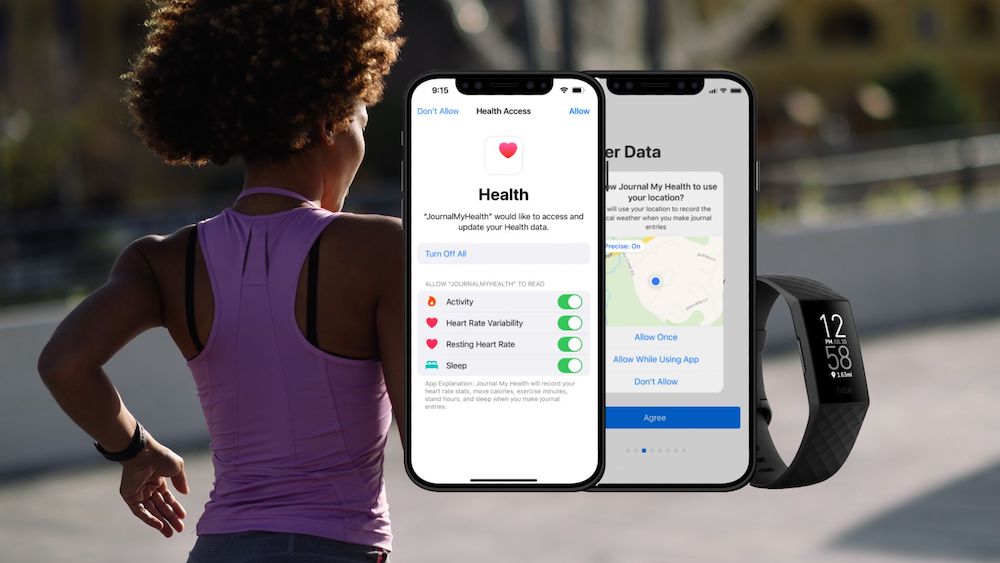 A woman running with superimposed images of a smartwatch and mobile phones displaying the Journal My Health app.