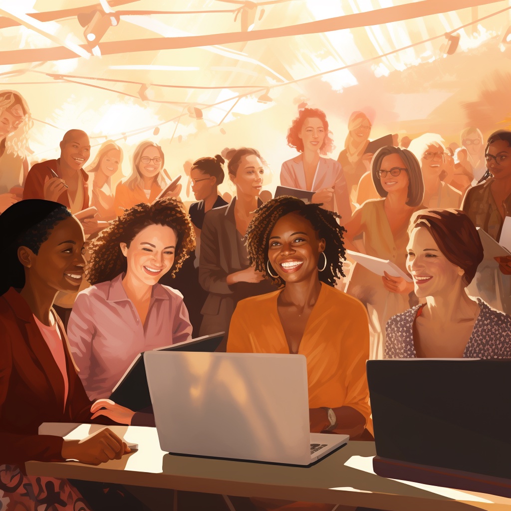 An AI-generated image of a group of women sitting at a table with laptops.