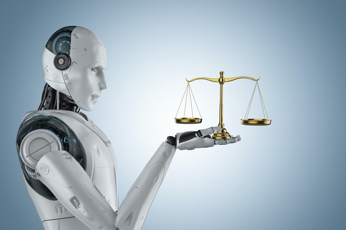 A humanoid robot is holding a small golden balance scale in its hand against a blue background.