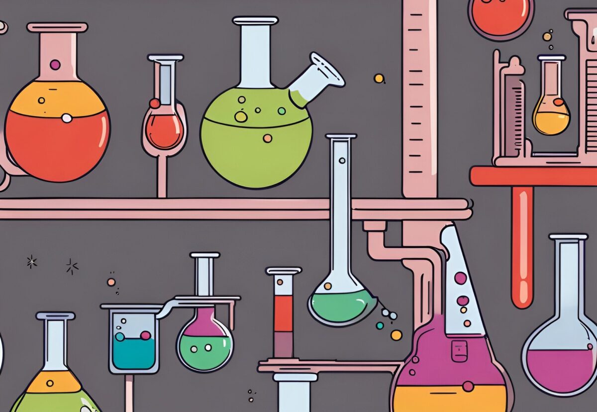 Illustration of various colorful laboratory glassware, including beakers, flasks, test tubes, and a graduated cylinder, arranged in a scientific setup against a grey background.