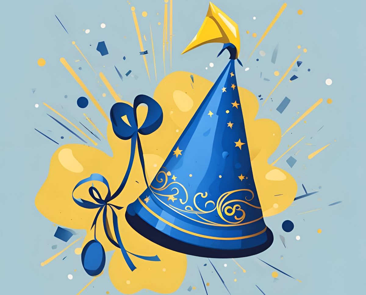 Illustration of a blue party hat with yellow accents and a ribbon, set against a blue background with confetti and celebratory elements.