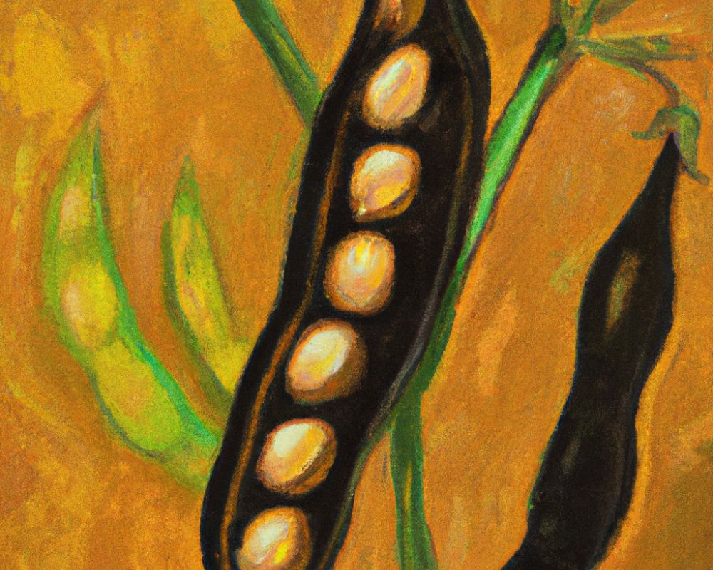 A painting of a black pea pod with several peas inside, set against a yellow and green abstract background.