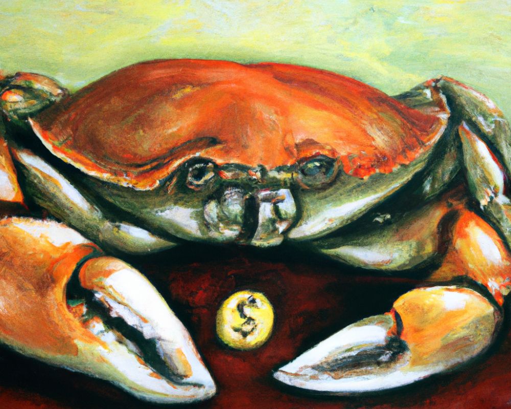 Painting of a large orange crab with claws extended, facing forward, and a yellow coin with a dollar sign between its claws on a reddish surface with a yellow-green background.