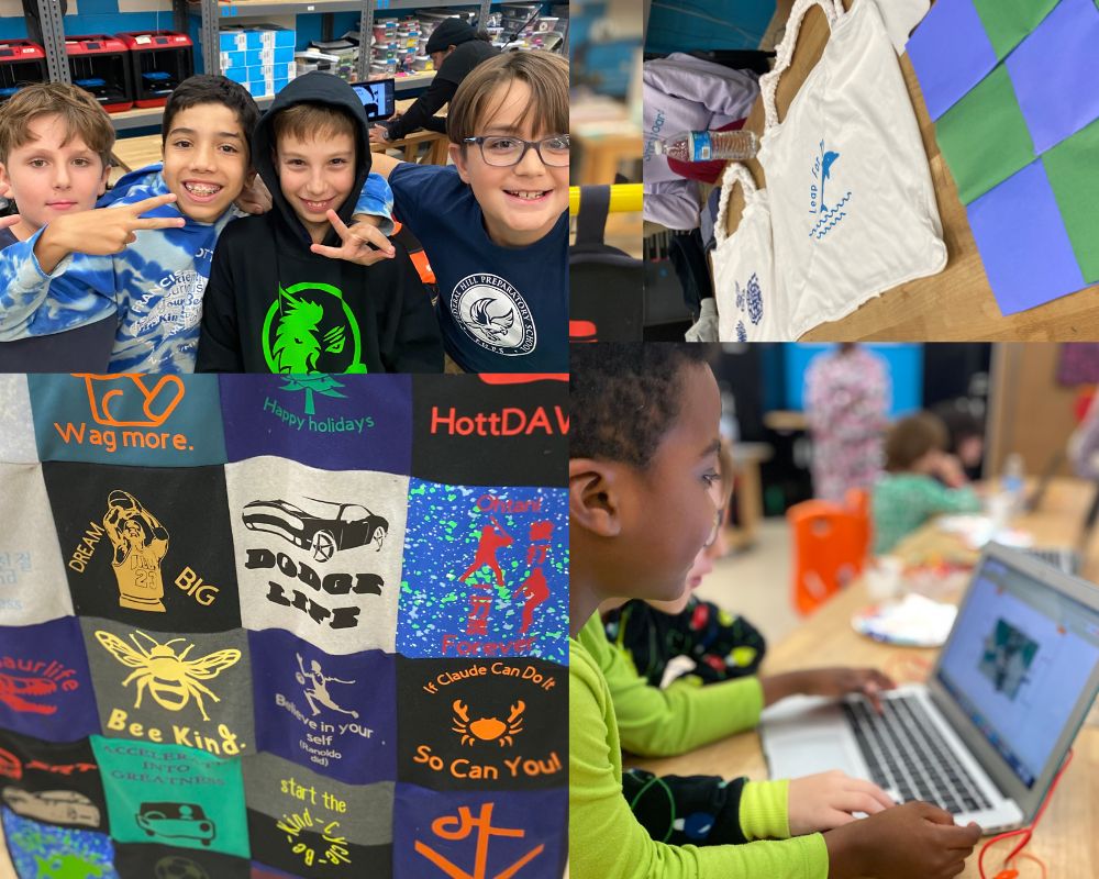 A collage of pictures of children working on laptops and posing along with products they made.