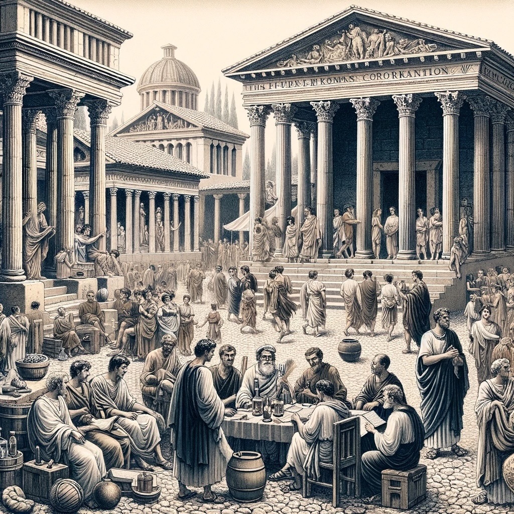An AI-generated illustration of ancient Roman people in front of a building.