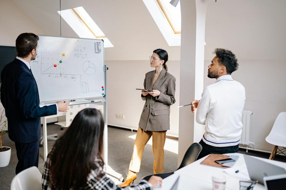 A group of business people standing around a whiteboard in an office.