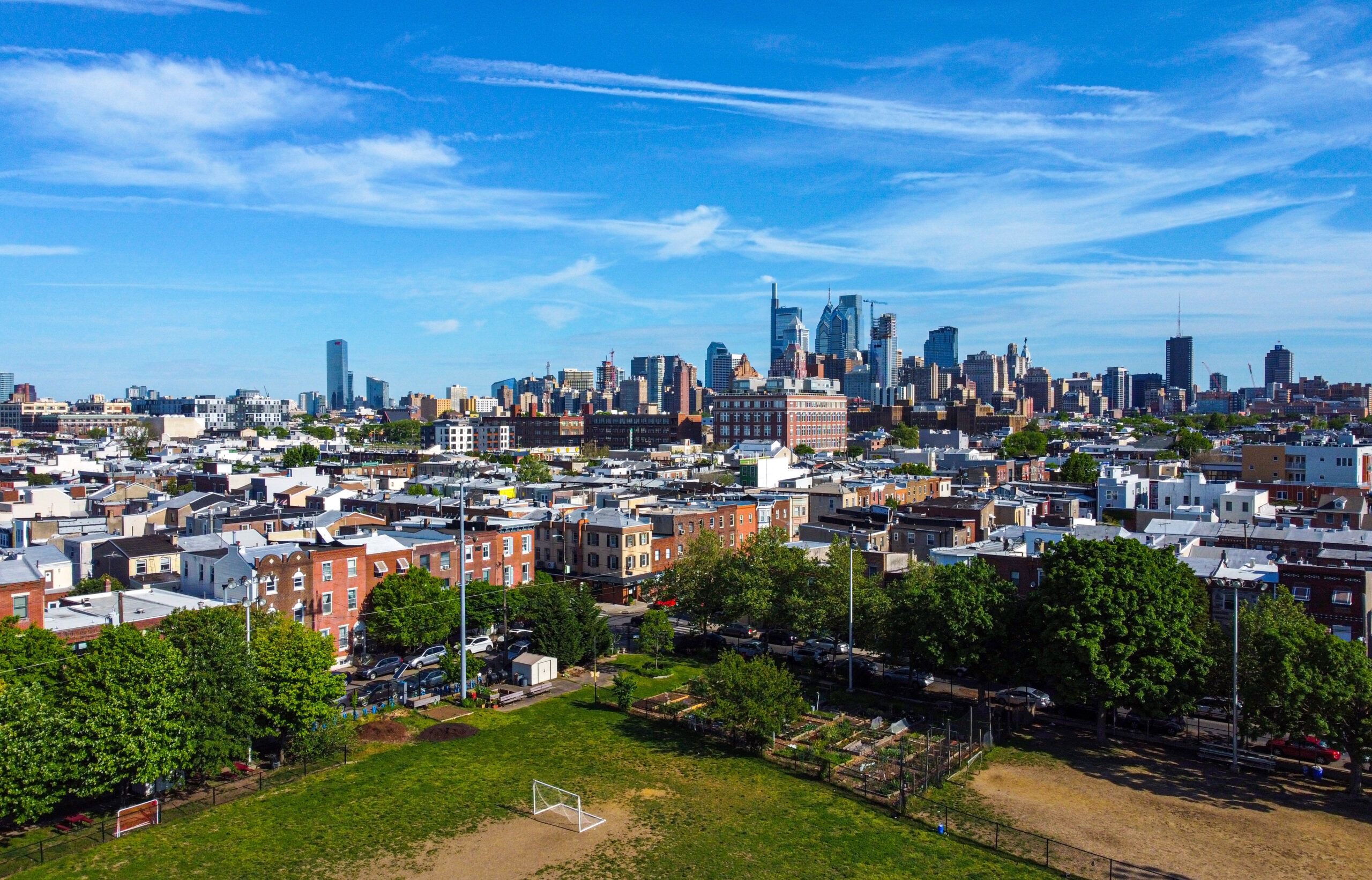 An aerial view of a city skyline.
