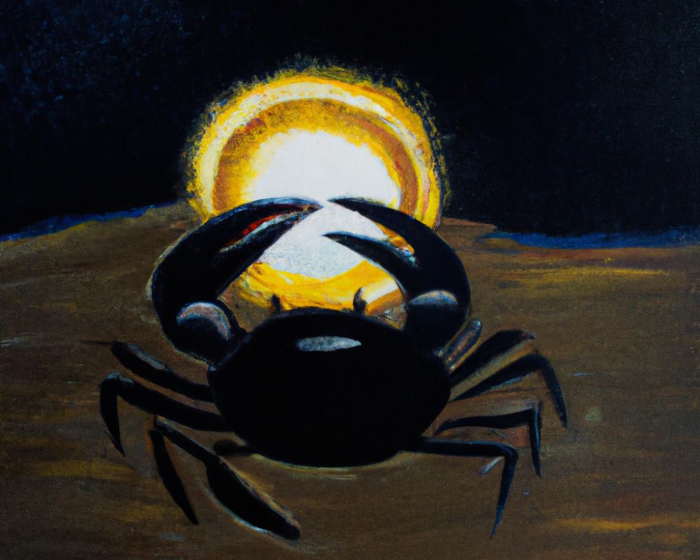 AI-generated black crab in front of a yellow sun on brown ground before black sky.