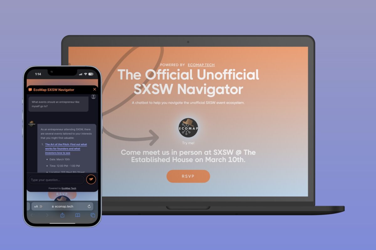 EcoMap's SXSW navigator in orange, light blue and black in front of purple background