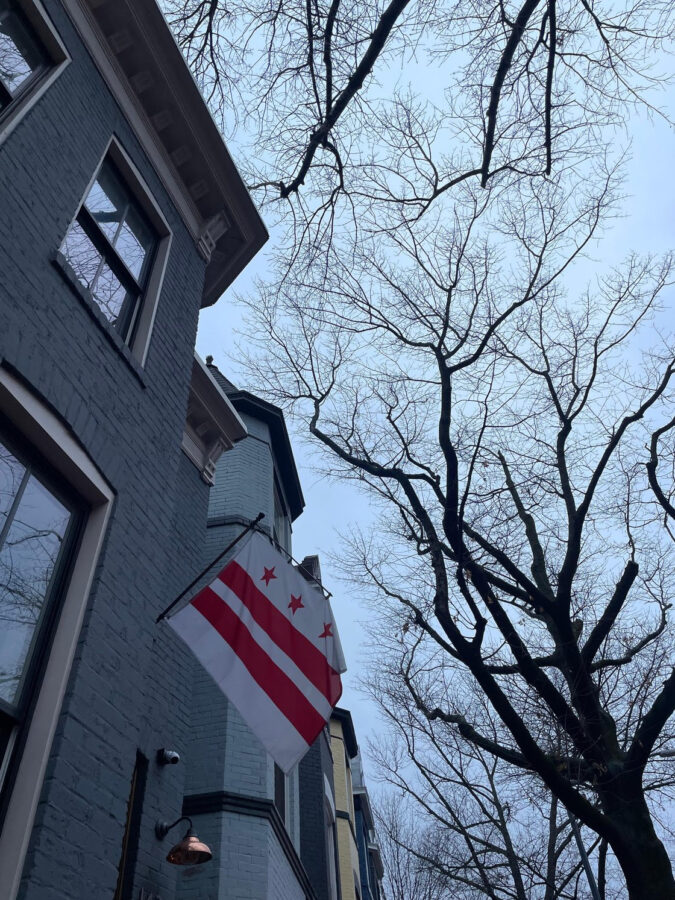 Red and white DC flag flies from a grey rowhouse