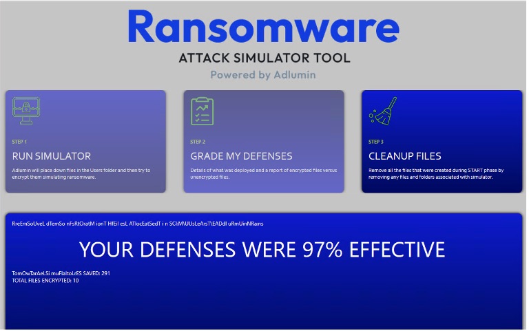 User-side rendering of Adlumin platform with blue text and boxes showing simulated cyber evaluation.