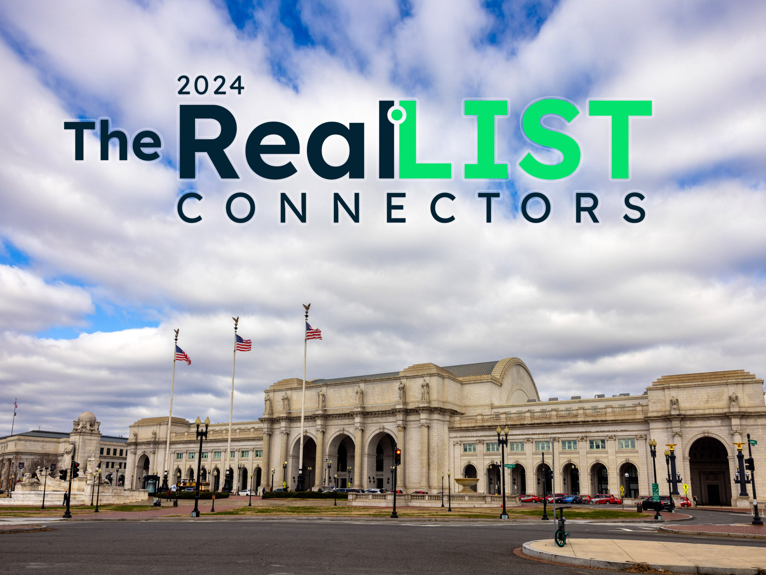 "The 2024 RealLIST Connectors" logo over a scenic view of a historic train station with cloudy skies above.