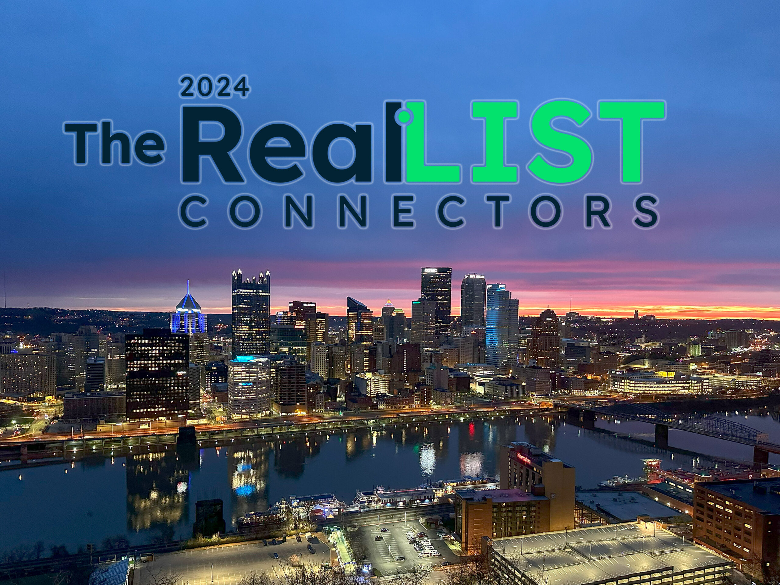 Nighttime cityscape at dusk with lit-up skyscrapers along a river, featuring a prominent graphic text "The RealLIST Connectors 2024" in the sky.