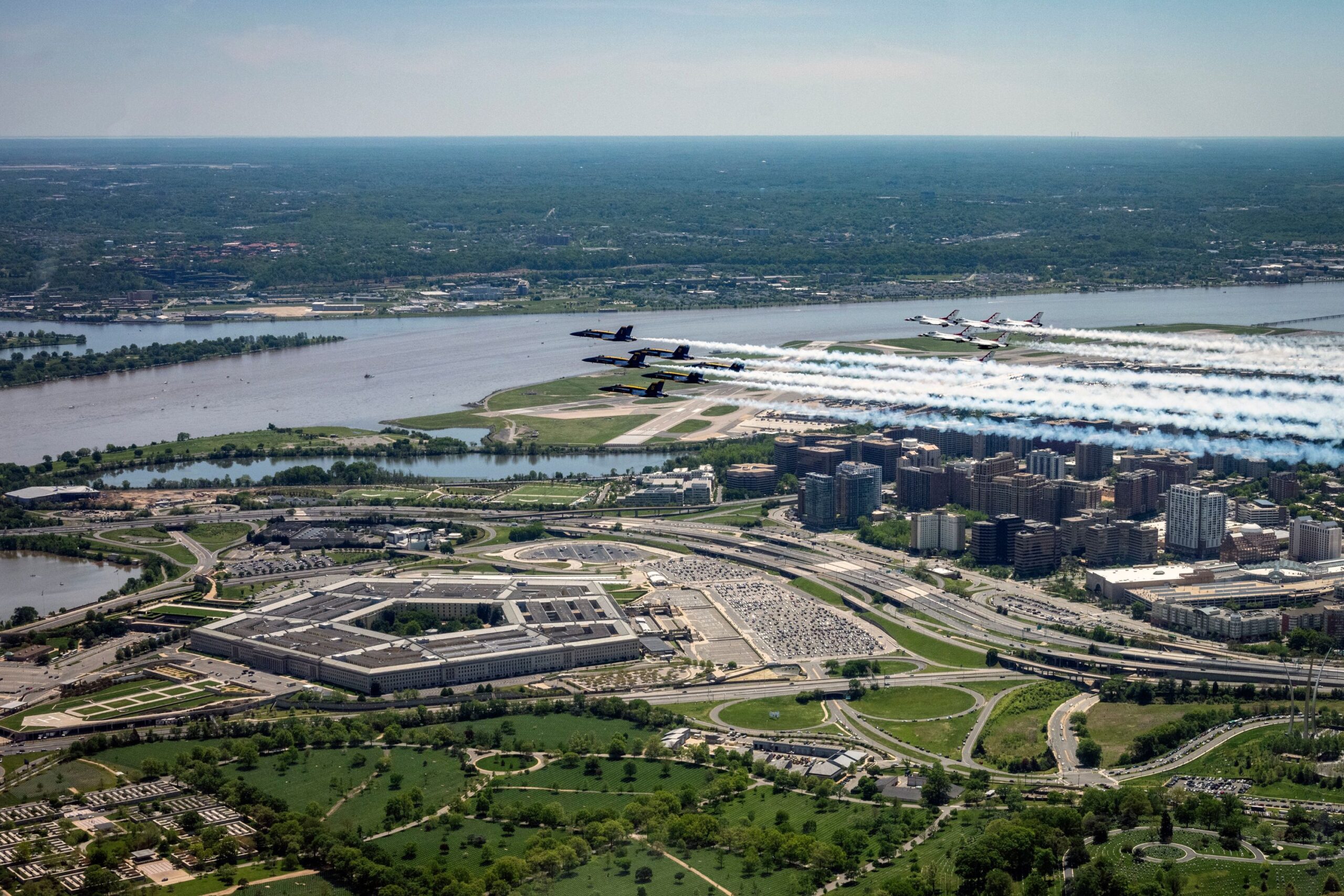 Several planes fly over the Pentagon.