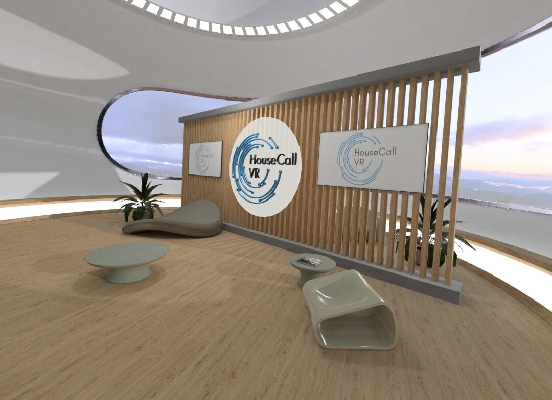 A modern, minimalistic room with wooden flooring, featuring a large sign that reads "HouseCall VR" on a wall. There are unique, sculptural furniture pieces and potted plants in the space.
