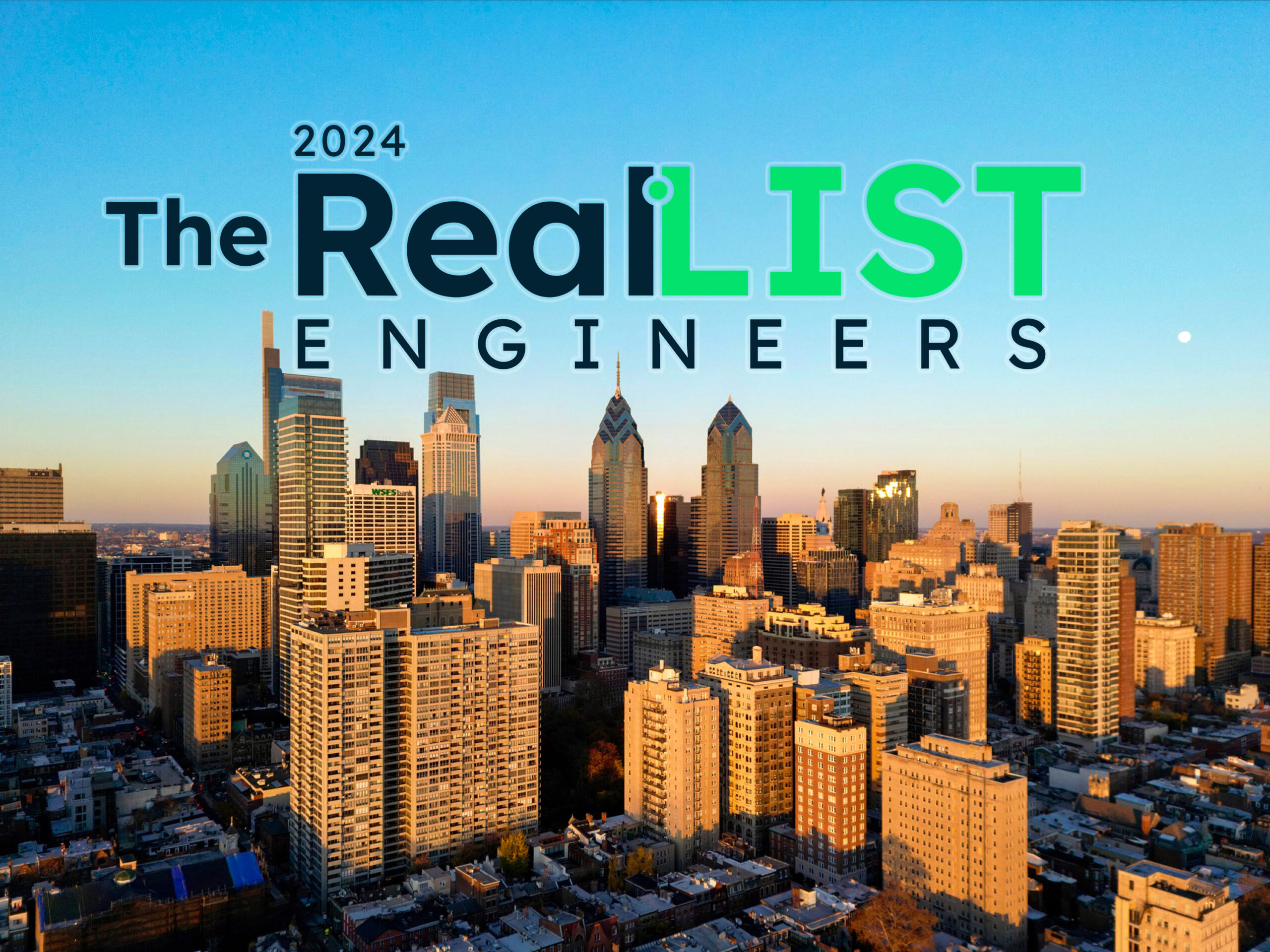 A cityscape with skyscrapers is shown at sunrise with the text "2024 The RealLIST Engineers" overlayed in bold.