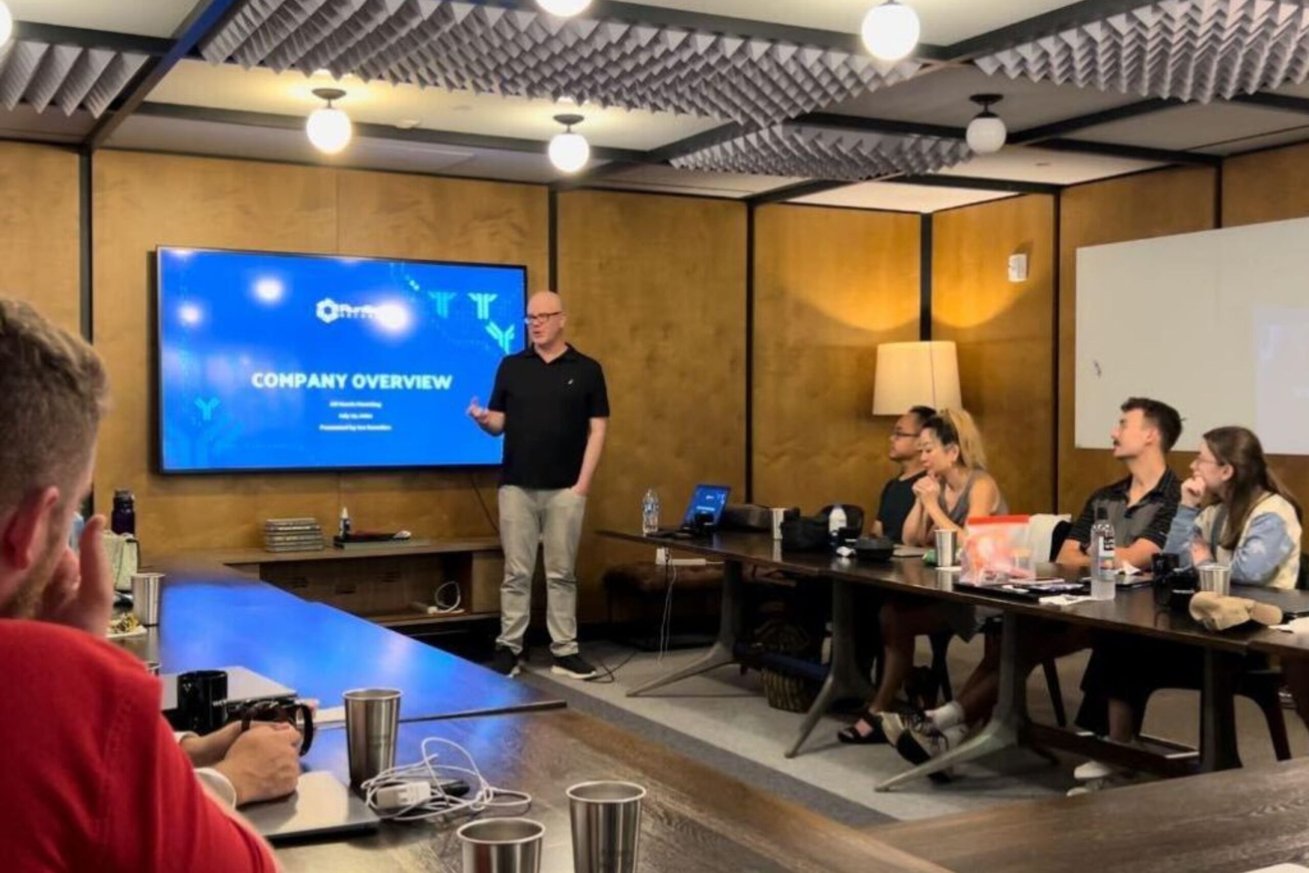 A man stands in front of a screen presenting a company overview to a group of seated individuals in a conference room.