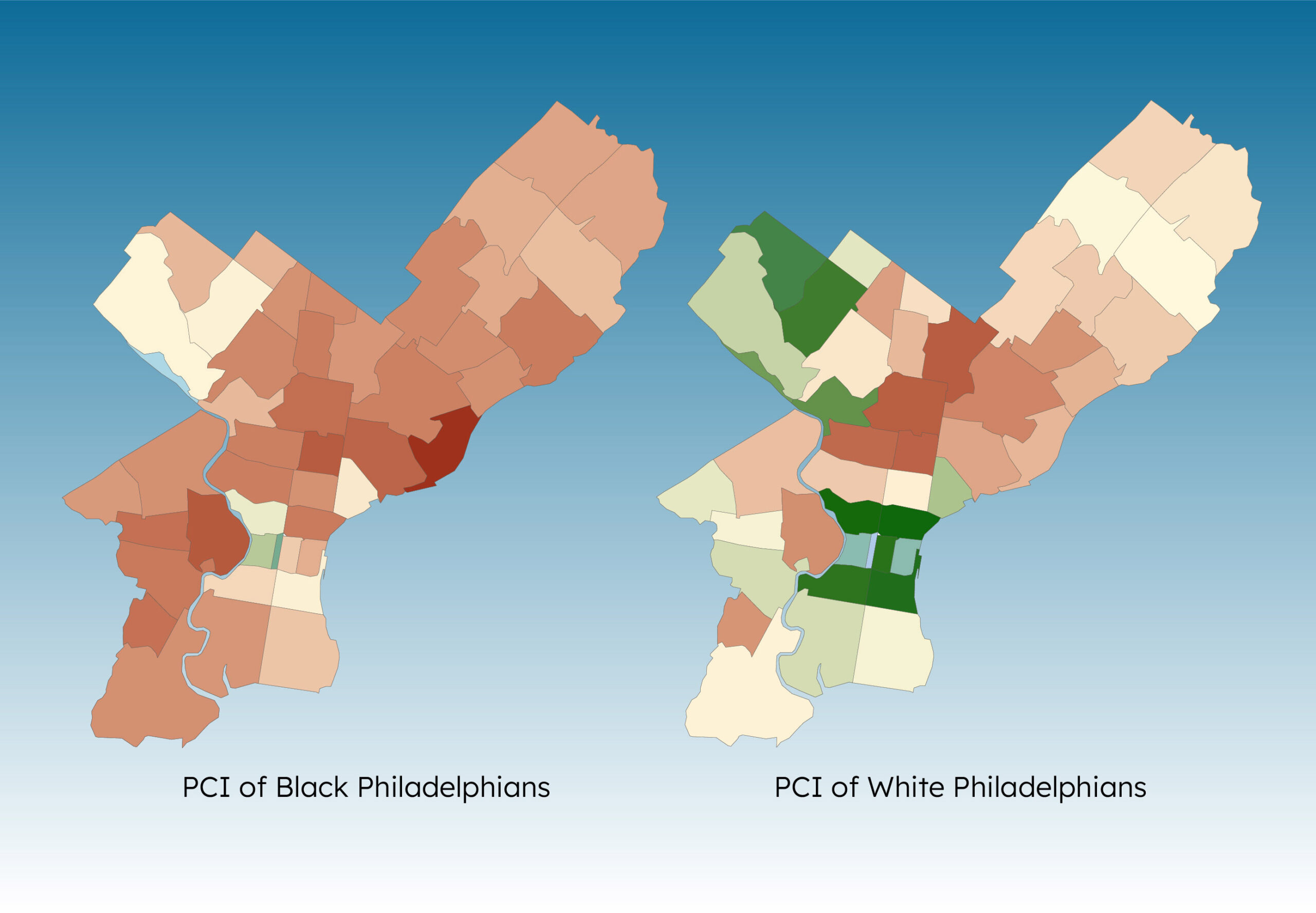 Two maps show the PCI of Black Philadelphians and white Philadelphians. The left map has various shades of brown and the right map has shades of green and beige, indicating income distribution.