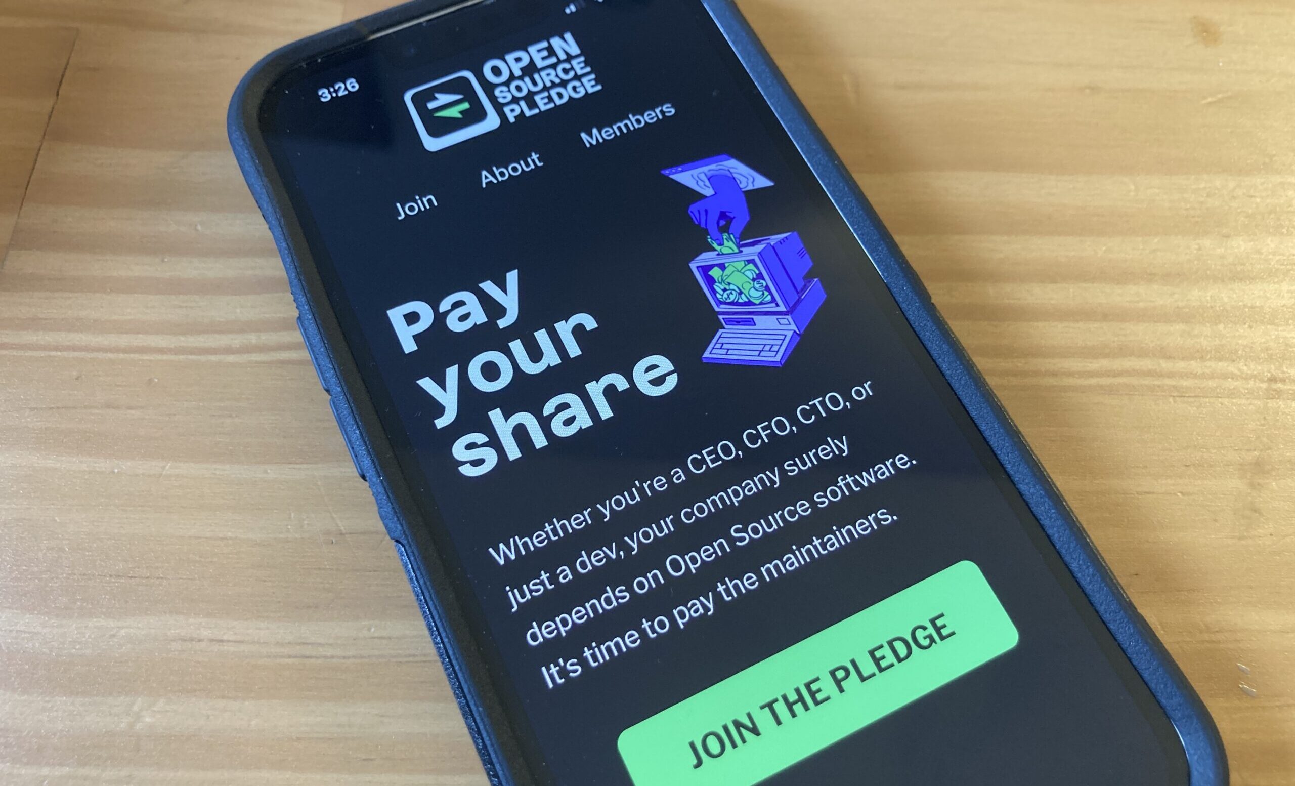 A smartphone screen showcasing the Open Source Pledge's website, featuring text and images.
