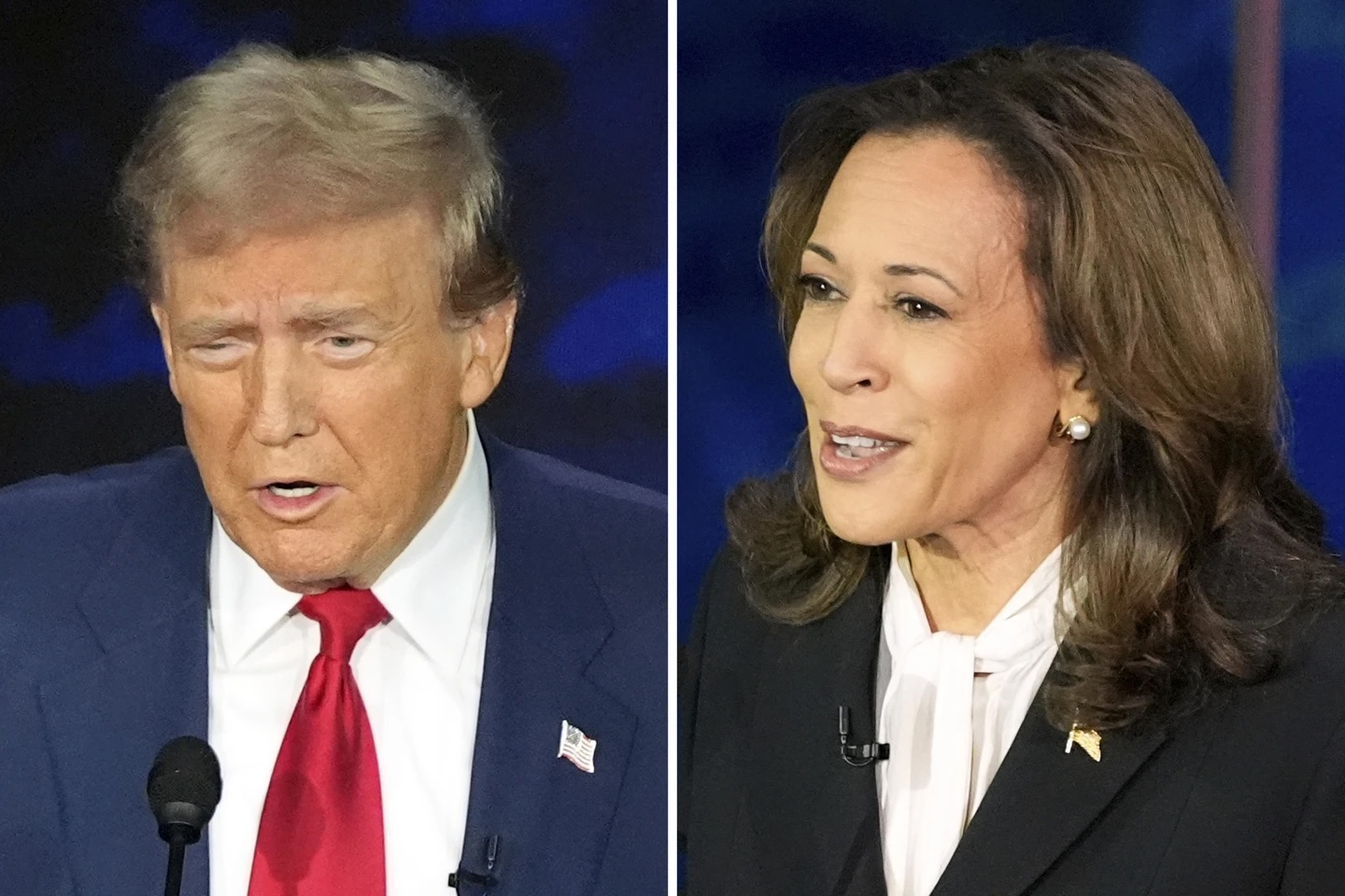 Two individuals in formal attire speaking at separate podiums, each with an American flag pin on their lapel.