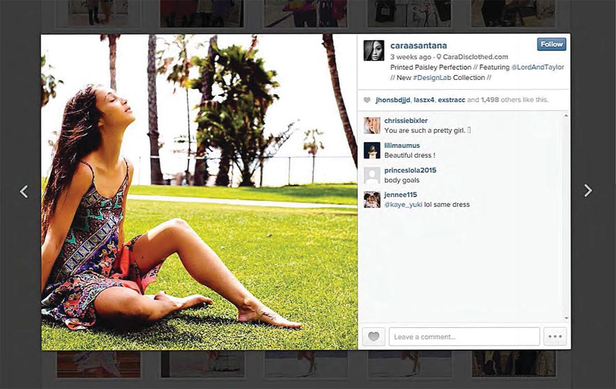 Person sitting on grass, wearing a colorful dress, with palm trees and ocean in the background. Social media interface visible.