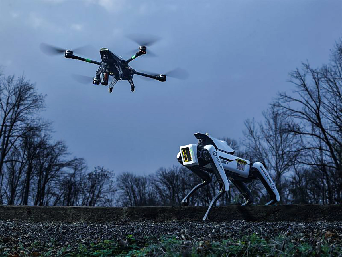 A drone hovers above a robotic dog in a wooded area, with bare trees in the background under a cloudy sky.